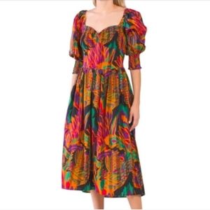 House OF HARLOW 1960 Meadow Print Ballon Sleeve Smoked Waist Midi Dress sz Large